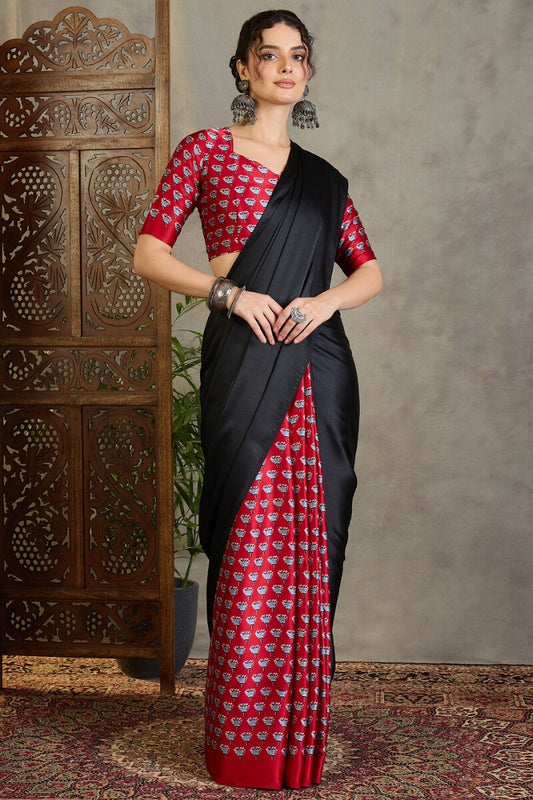 Gorgeous Black Ajrakh Printed Semi Modal Silk Saree With Groovy Blouse Piece