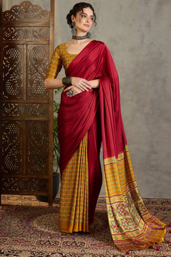 Alluring Red Ajrakh Printed Semi Modal Silk Saree With Flattering Blouse Piece