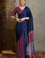 Staggering Navy Blue Ajrakh Printed Semi Modal Silk Saree With Majesty Blouse Piece