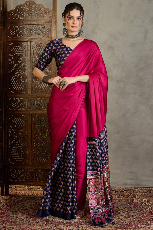 Precious Dark Pink Ajrakh Printed Semi Modal Silk Saree With Posh Blouse Piece
