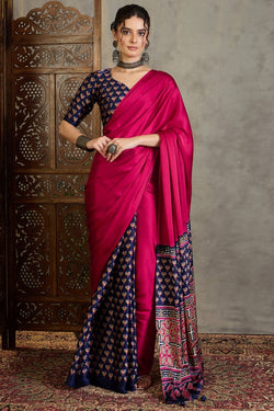 Precious Dark Pink Ajrakh Printed Semi Modal Silk Saree With Posh Blouse Piece
