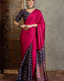 Precious Dark Pink Ajrakh Printed Semi Modal Silk Saree With Posh Blouse Piece