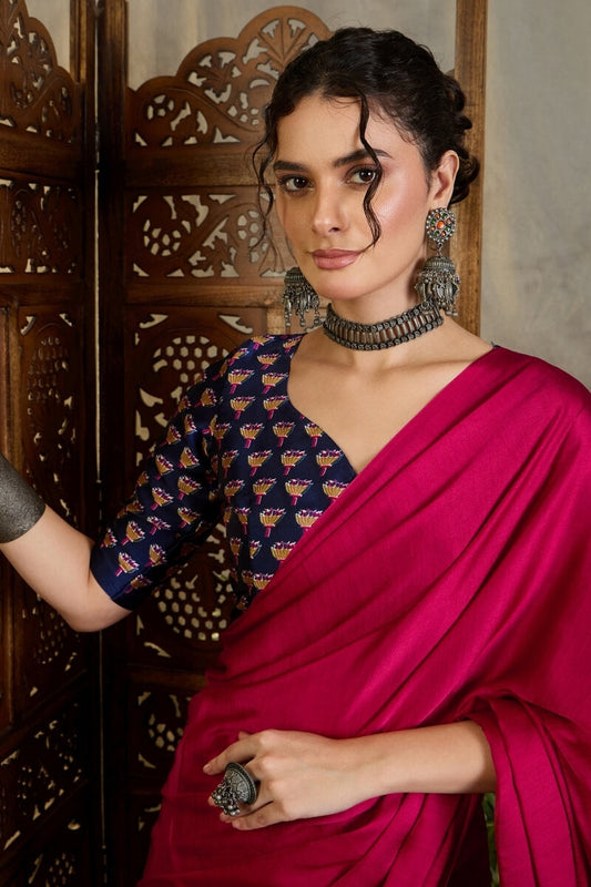 Precious Dark Pink Ajrakh Printed Semi Modal Silk Saree With Posh Blouse Piece