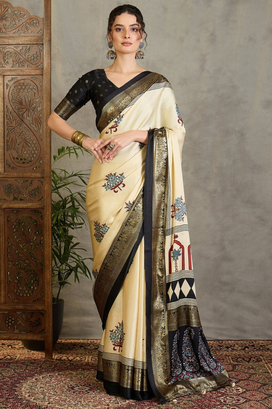 Profuse Off White Ajrakh Printed Semi Modal Silk Saree With Impressive Blouse Piece
