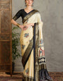 Profuse Off White Ajrakh Printed Semi Modal Silk Saree With Impressive Blouse Piece