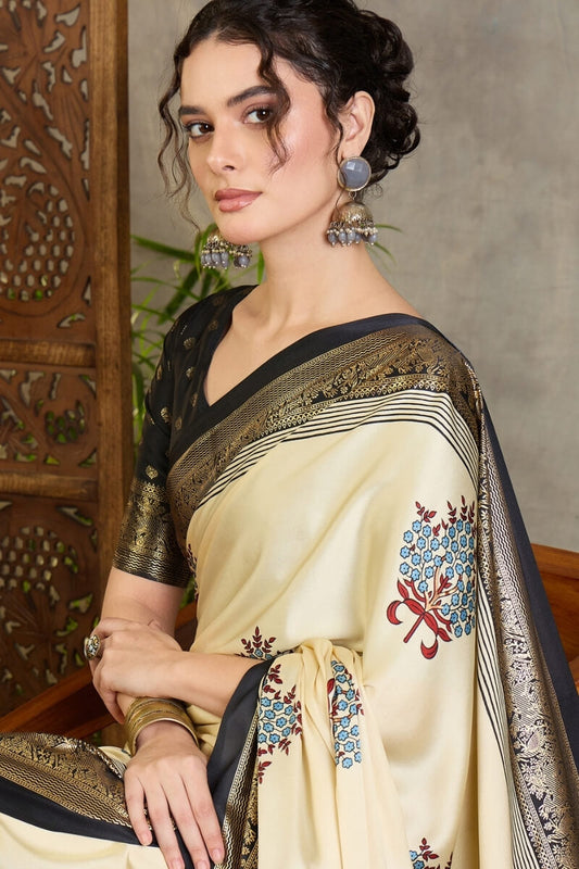 Profuse Off White Ajrakh Printed Semi Modal Silk Saree With Impressive Blouse Piece