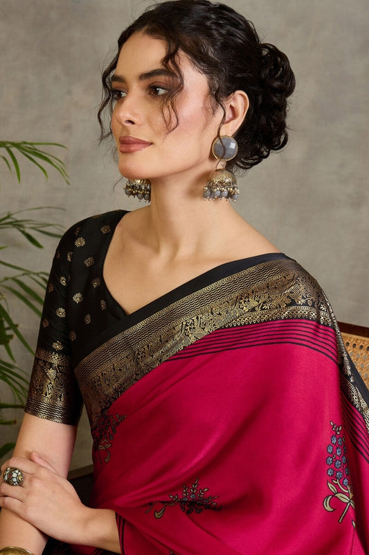 Assemblage Dark Pink Ajrakh Printed Semi Modal Silk Saree With Seraglio Blouse Piece