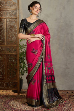 Assemblage Dark Pink Ajrakh Printed Semi Modal Silk Saree With Seraglio Blouse Piece