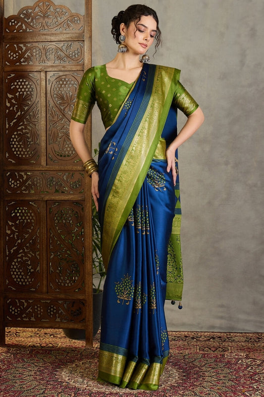 Vestigial Navy Blue Ajrakh Printed Semi Modal Silk Saree With Beleaguer Blouse Piece