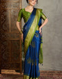 Vestigial Navy Blue Ajrakh Printed Semi Modal Silk Saree With Beleaguer Blouse Piece