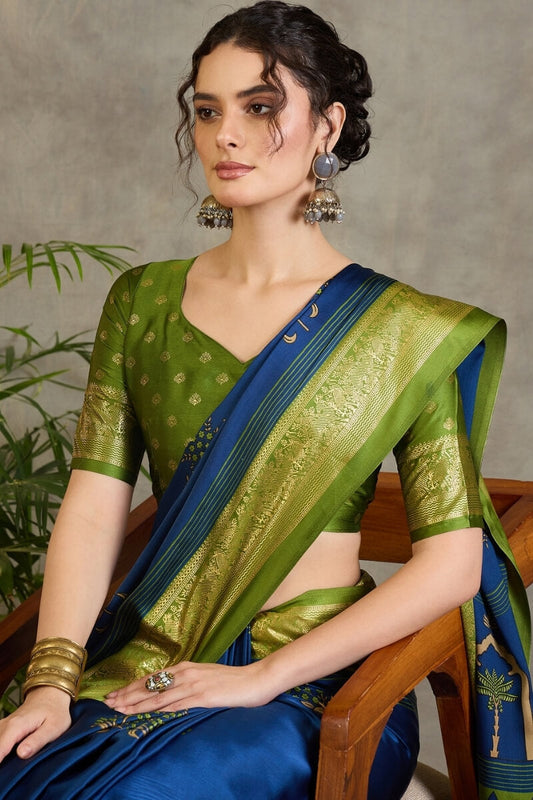 Vestigial Navy Blue Ajrakh Printed Semi Modal Silk Saree With Beleaguer Blouse Piece