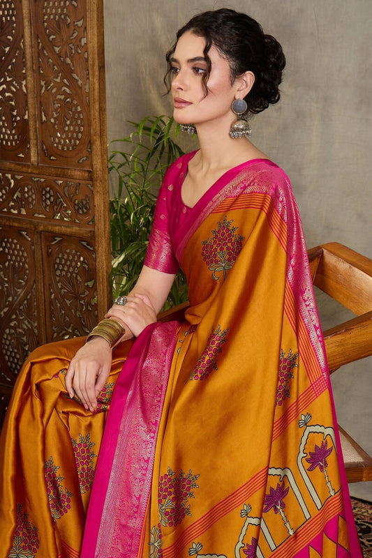 Unequalled Mustard Ajrakh Printed Semi Modal Silk Saree With Quintessential Blouse Piece