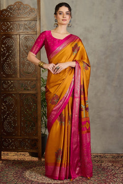 Unequalled Mustard Ajrakh Printed Semi Modal Silk Saree With Quintessential Blouse Piece