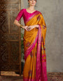 Unequalled Mustard Ajrakh Printed Semi Modal Silk Saree With Quintessential Blouse Piece