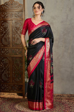 Inimitable Black Ajrakh Printed Semi Modal Silk Saree With Winsome Blouse Piece
