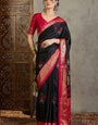 Inimitable Black Ajrakh Printed Semi Modal Silk Saree With Winsome Blouse Piece