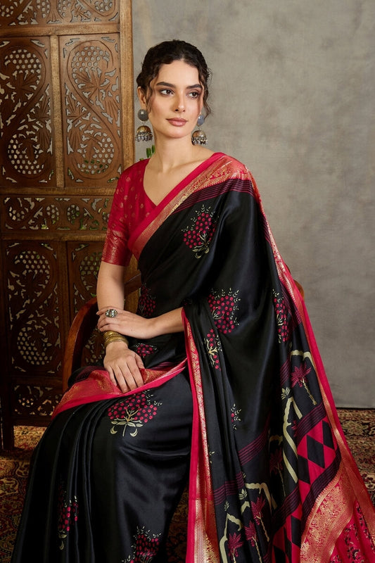 Inimitable Black Ajrakh Printed Semi Modal Silk Saree With Winsome Blouse Piece