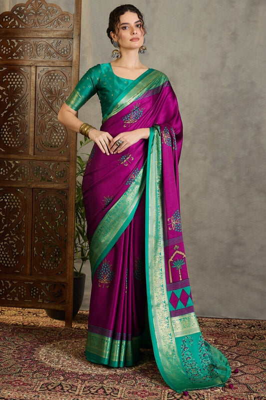Woebegone Purple Ajrakh Printed Semi Modal Silk Saree With Prettiest Blouse Piece