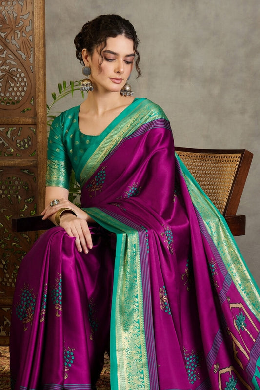 Woebegone Purple Ajrakh Printed Semi Modal Silk Saree With Prettiest Blouse Piece