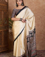 Mesmeric Off White Ajrakh Printed Semi Modal Silk Saree With Gleaming Blouse Piece