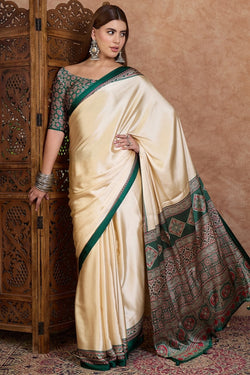 Arresting Off White Ajrakh Printed Semi Modal Silk Saree With Enchanting Blouse Piece