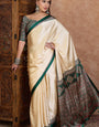 Arresting Off White Ajrakh Printed Semi Modal Silk Saree With Enchanting Blouse Piece