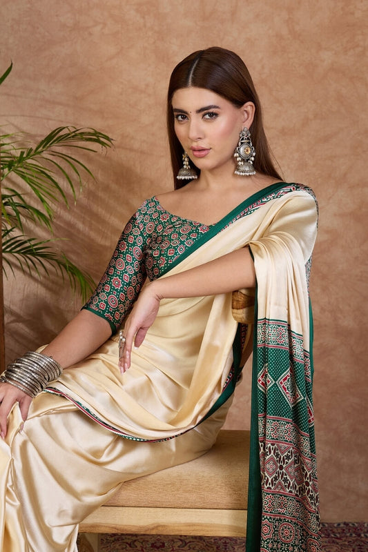 Arresting Off White Ajrakh Printed Semi Modal Silk Saree With Enchanting Blouse Piece