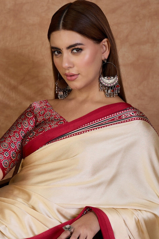 Ethereal Off White Ajrakh Printed Semi Modal Silk Saree With Ailurophile Blouse Piece