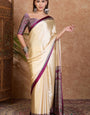 Forbearance Off White Ajrakh Printed Semi Modal Silk Saree With Stunner Blouse Piece