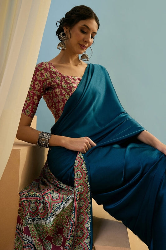 Moiety Rama Ajrakh Printed Semi Modal Silk Saree With Aplomb Blouse Piece