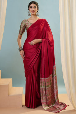 Brood Red Ajrakh Printed Semi Modal Silk Saree With Eloquence Blouse Piece
