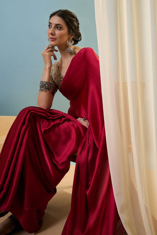 Brood Red Ajrakh Printed Semi Modal Silk Saree With Eloquence Blouse Piece