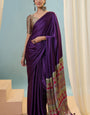 Capricious Purple Ajrakh Printed Semi Modal Silk Saree With Flaunt Blouse Piece