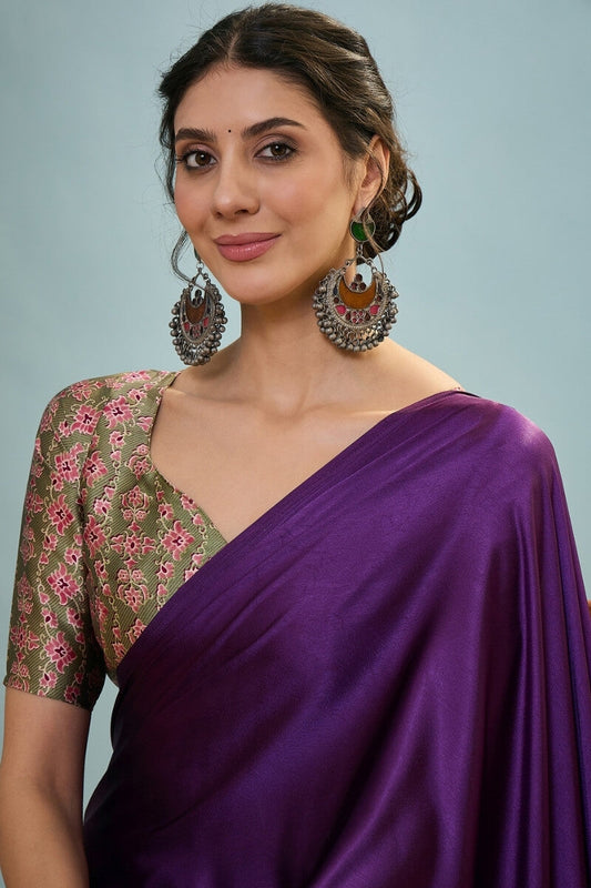 Capricious Purple Ajrakh Printed Semi Modal Silk Saree With Flaunt Blouse Piece