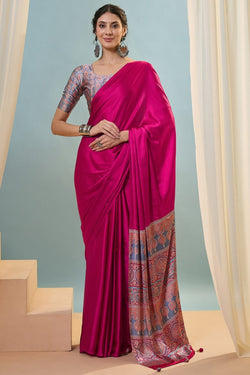 Ornate Dark Pink Ajrakh Printed Semi Modal Silk Saree With Flameboyant Blouse Piece
