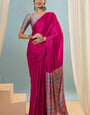 Ornate Dark Pink Ajrakh Printed Semi Modal Silk Saree With Flameboyant Blouse Piece