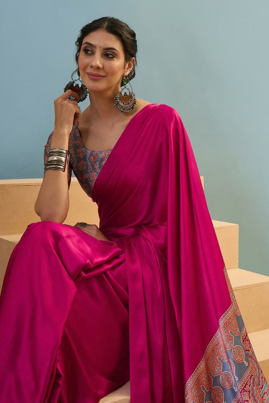 Ornate Dark Pink Ajrakh Printed Semi Modal Silk Saree With Flameboyant Blouse Piece