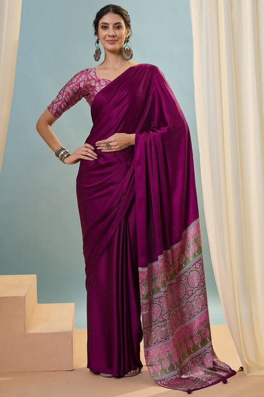 Evanescent Purple Ajrakh Printed Semi Modal Silk Saree With Fairytale Blouse Piece