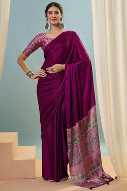 Evanescent Purple Ajrakh Printed Semi Modal Silk Saree With Fairytale Blouse Piece