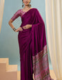 Evanescent Purple Ajrakh Printed Semi Modal Silk Saree With Fairytale Blouse Piece