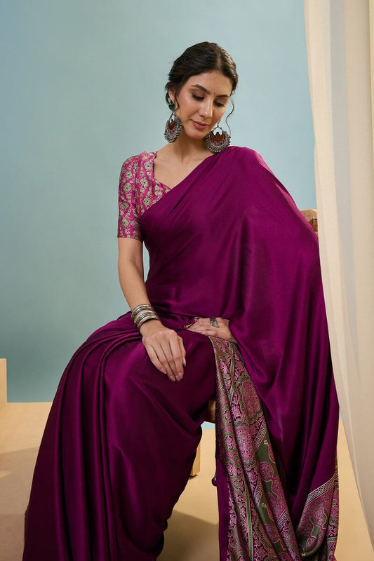 Evanescent Purple Ajrakh Printed Semi Modal Silk Saree With Fairytale Blouse Piece