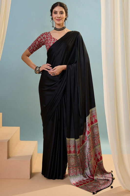 Susurrous Black Ajrakh Printed Semi Modal Silk Saree With Artistic Blouse Piece