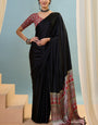 Susurrous Black Ajrakh Printed Semi Modal Silk Saree With Artistic Blouse Piece