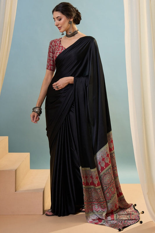 Susurrous Black Ajrakh Printed Semi Modal Silk Saree With Artistic Blouse Piece