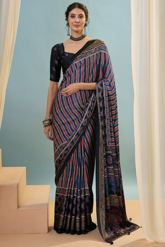 Super classy Navy Blue Ajrakh Printed Semi Modal Silk Saree With Trendy Blouse Piece
