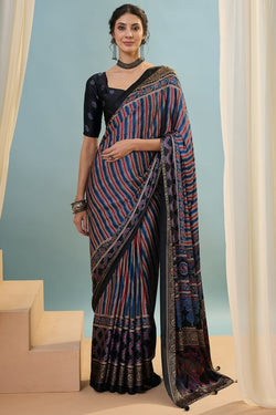 Super classy Navy Blue Ajrakh Printed Semi Modal Silk Saree With Trendy Blouse Piece