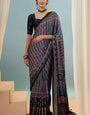 Super classy Navy Blue Ajrakh Printed Semi Modal Silk Saree With Trendy Blouse Piece