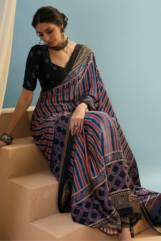 Super classy Navy Blue Ajrakh Printed Semi Modal Silk Saree With Trendy Blouse Piece