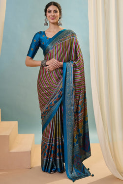 Beautiful Green Ajrakh Printed Semi Modal Silk Saree With Preferable Blouse Piece