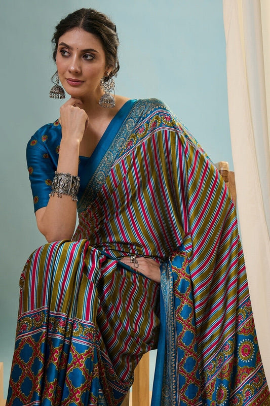 Beautiful Green Ajrakh Printed Semi Modal Silk Saree With Preferable Blouse Piece